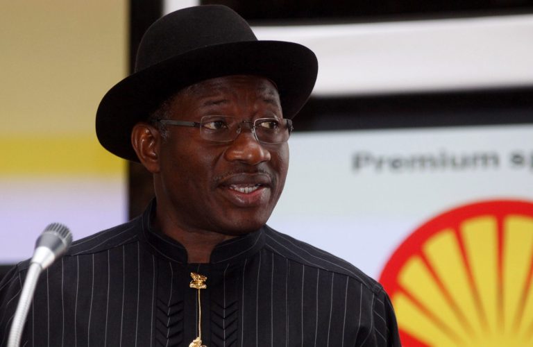 FILE-In this file photo dated Tuesday, March, 19, 2013,  Nigeria President Goodluck Jonathan, speaks during a summit in Lagos, Nigeria.  In an announcement on Wednesday, March. 12, 2014, openly attacking ousted Central Bank Gov. Lamido Sanusi, Jonathan ordered a forensic audit by international firms into some $20 billion of funds allegedly missing from petroleum sales, following demands by a Senate committee and the finance minister. (AP Photo/Sunday Alamba, File)