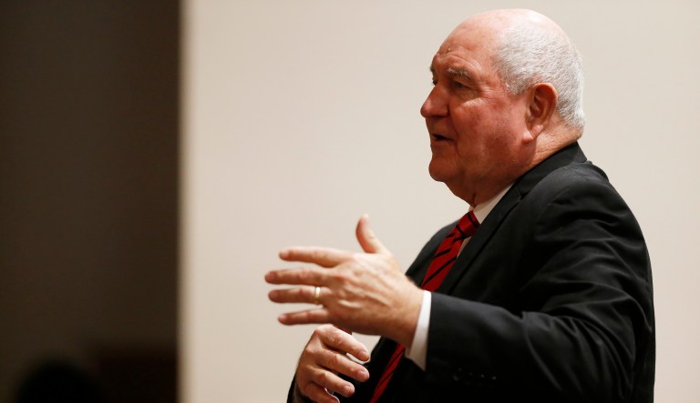 Secretary of Agriculture Sonny Perdue says he is trying to formulate contingency plans for the agriculture industry should the U.S. exit from the North American Free Trade Agreement. (Joshua L. Jones/Athens Banner-Herald via AP)