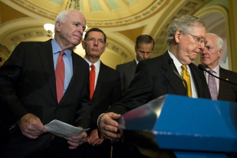 Hesitation among top Republicans to fully get behind the new national leader of their party remains palpable. (AP Photo/Evan Vucci)