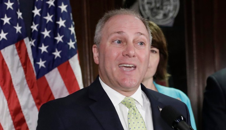 House Majority Whip Steve Scalise, R-La., participated in the House GOP conference call Monday, his first since he was shot in the hip by a gunman in mid-June. (AP Photo/J. Scott Applewhite, File)