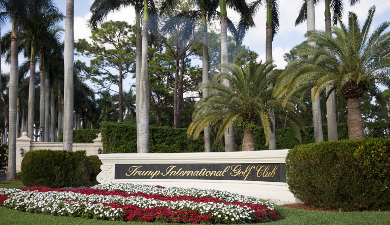 President Trump arrived at the Trump International Golf Club Tuesday morning to play golf with Sen. David Perdue, R-Ga., PGA tour player Bryson DeChambau, and former PGA golfer Dana Quigley. (AP Photo/Carolyn Kaster)