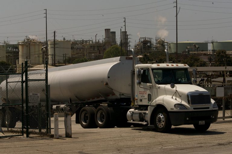 A truck loaded with refined oil leaves Chevron's El Segundo Refinery in El Segundo, Calif., Monday, April 21, 2008. (AP File)