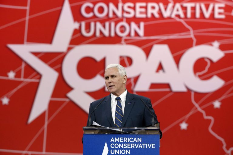 Indiana Gov. Mike Pence speaks at the Conservative Political Action Conference (CPAC) Friday, Feb. 27, 2015 in National Harbor, Md. (AP Photo/Alex Brandon)