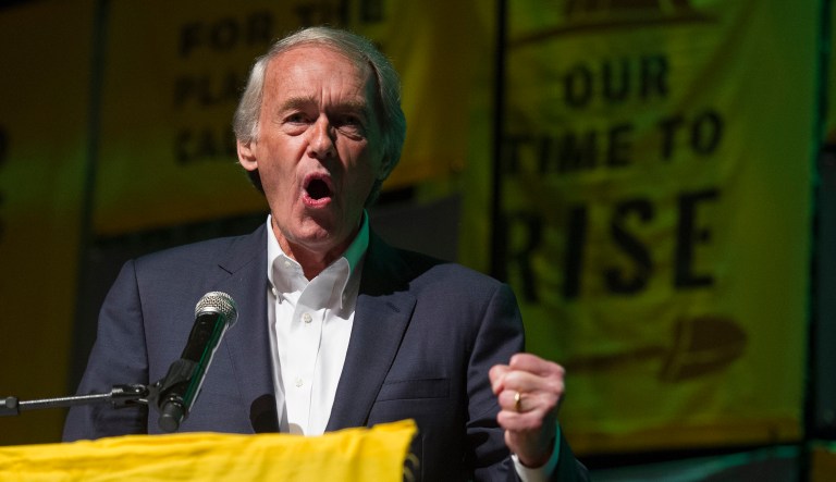 Sen. Ed Markey, D-Mass., addresses The Road to the Green New Deal Tour final event at Howard University in Washington, Monday, May 13, 2019.