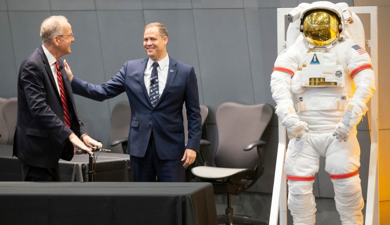 U.S. Sen. Jerry Moran, left, introduced NASA Administrator Jim Bridenstine at an event commemorating the 50th anniversary of the moon landing.