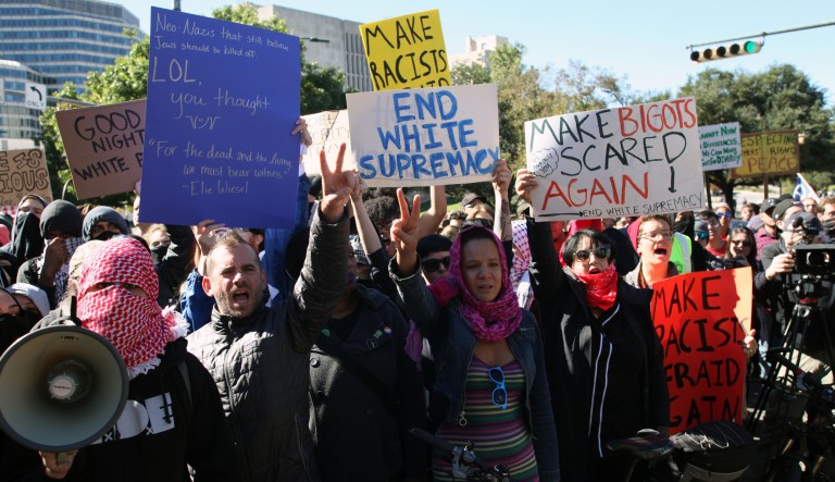 Austin, Texas, USA - November 19, 2016: Counter-demonstrators protest a 'White Lives Matter' rally just south of the Capitol grounds. 
