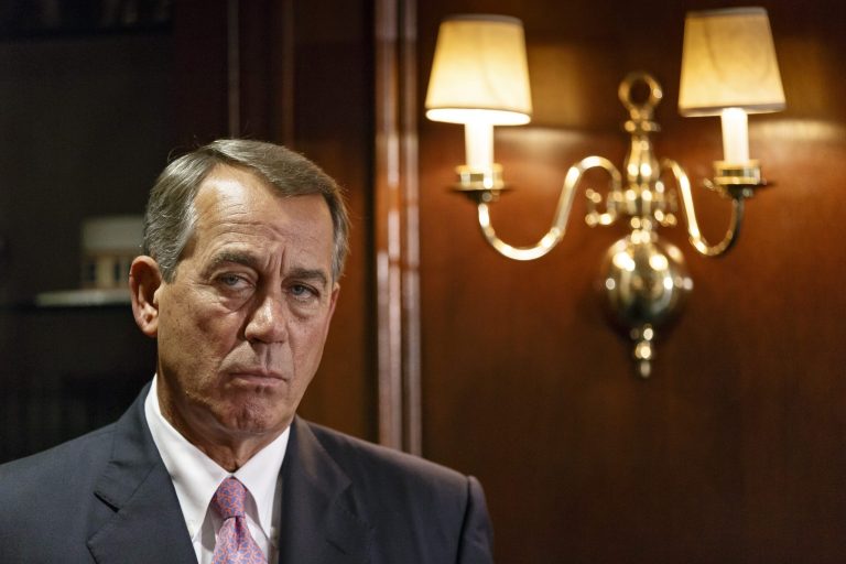House Speaker John Boehner Ohio listens as GOP leaders speak to reporters following a Republican strategy meeting on Capitol Hill in Washington on April 29. (AP Photo)