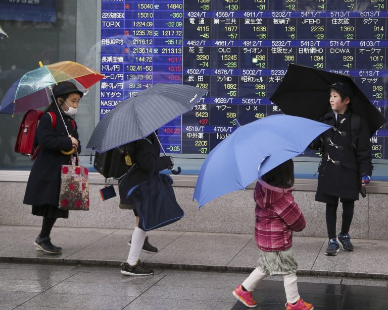 A group of children walk by an electronic stock board of a securities firm in Tokyo Thursday, Jan. 30, 2014.  Shares fell Thursday in Asia as weak economic data from China and Japan deepened concerns over ongoing reductions in U.S. monetary stimulus. Japan's Nikkei 225 index was down 2.6 percent at 14,887.96 after the government reported that retail sales fell 1.1 percent in December from the month before. It gained slightly and closed at 15,007.06 for the day. (AP Photo/Koji Sasahara)