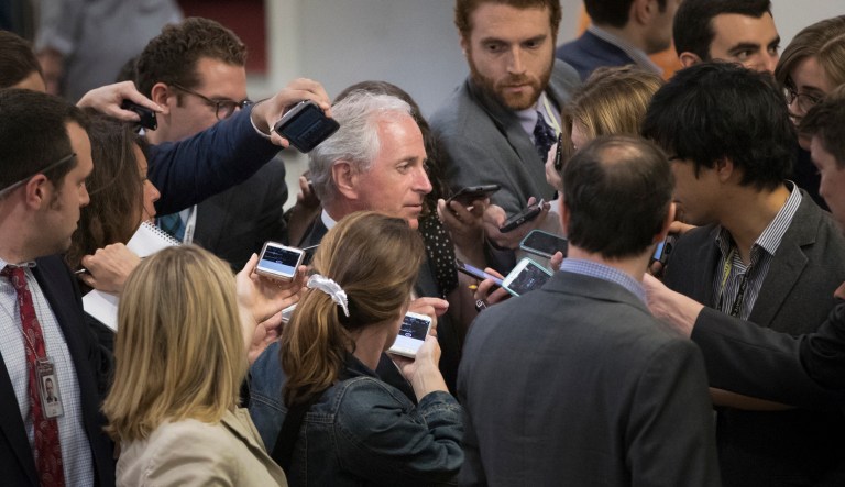 Senate Foreign Relations Committee Chairman Sen. Bob Corker, R-Tenn., is surrounded by reporters looking for a reaction on President Donald Trump's meeting with Russian officials, Tuesday, May 16, 2017, on Capitol Hill in Washington. (AP Photo/J. Scott Applewhite)