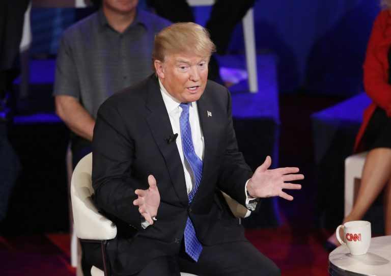 Republican presidential candidate, Donald Trump participates in a CNN town hall with Anderson Cooper in the historic Riverside Theatre, Tuesday, March 29, 2016, in Milwaukee, Wis. (AP Photo/Charles Rex Arbogast)