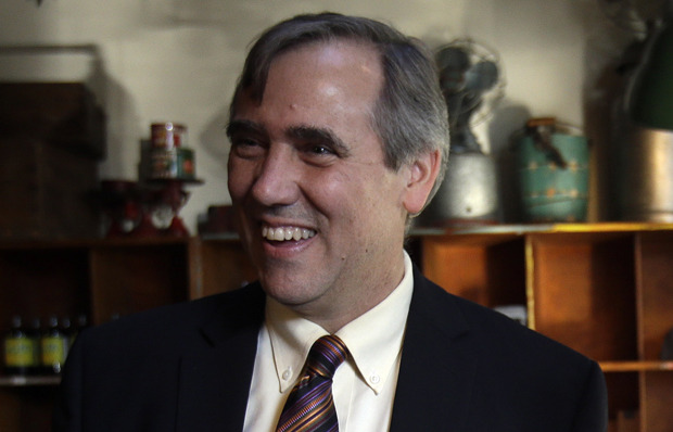 Sen. Jeff Merkley smiles after a campaign rally in Portland, Ore., Wednesday, Oct. 8, 2014. (AP Photo/Don Ryan)