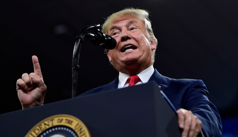 President Trump takes the stage at a rally at Alumni Coliseum in Richmond, Ky., Saturday, Oct. 13, 2018.