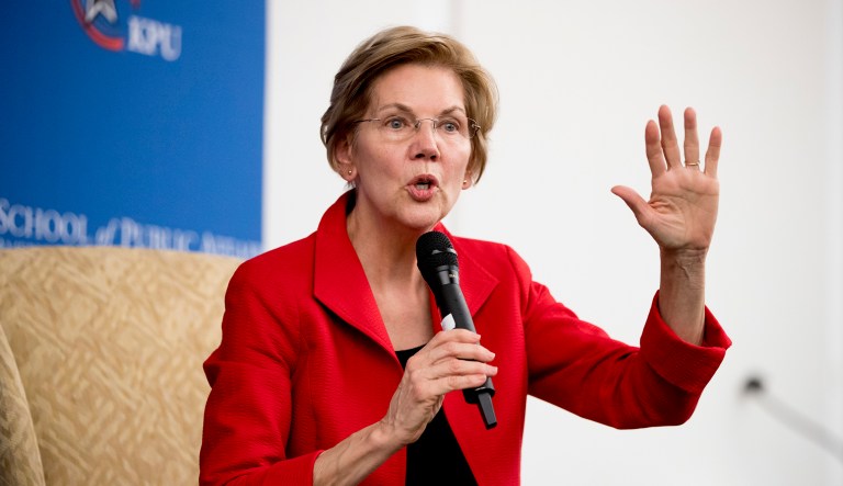 Sen. Elizabeth Warren, D-Mass., answers a question from the audience at the American University Washington College of Law in Washington, Thursday, Nov. 29, 2018, after delivering a speech on her foreign policy vision for the country.