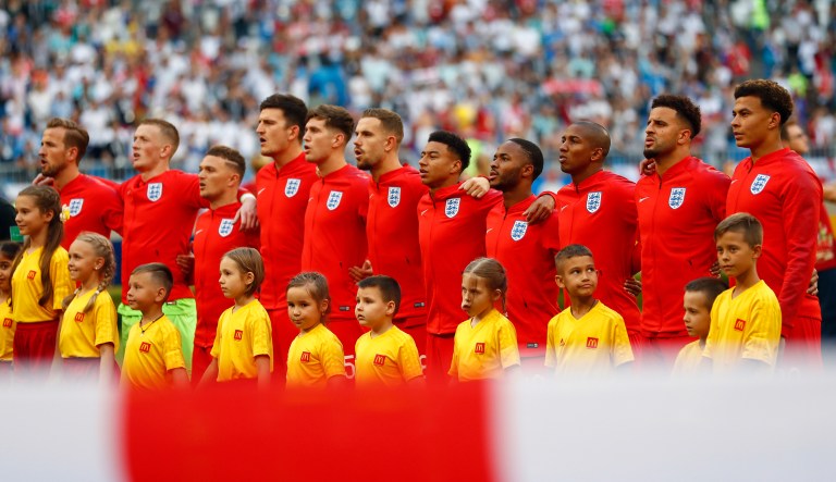 FILE - In this Saturday, July 7, 2018 file photo England national soccer team players stand prior to the start of the quarterfinal match between Sweden and England at the 2018 soccer World Cup in the Samara Arena, in Samara, Russia.
