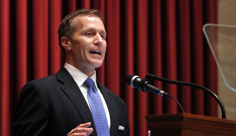 FILE - In this Jan. 10, 2018, file photo, Missouri Gov. Eric Greitens delivers the annual State of the State address to a joint session of the House and Senate in Jefferson City, Mo. Responding to a news report that overshadowed his annual address, Greitens acknowledged he's been "unfaithful" in his marriage but denied allegations that he blackmailed the woman to stay quiet. The Republican governor and his wife released a statement late Wednesday, after a report that he had a sexual relationship with his former hairdresser in 2015.