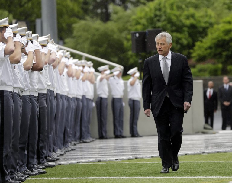 Defense Secretary Chuck Hagel arrives for a graduation and commissioning ceremony at the U.S. Military Academy, Saturday, May 25, 2013, in West Point, N.Y. (AP Photo/Mike Groll)