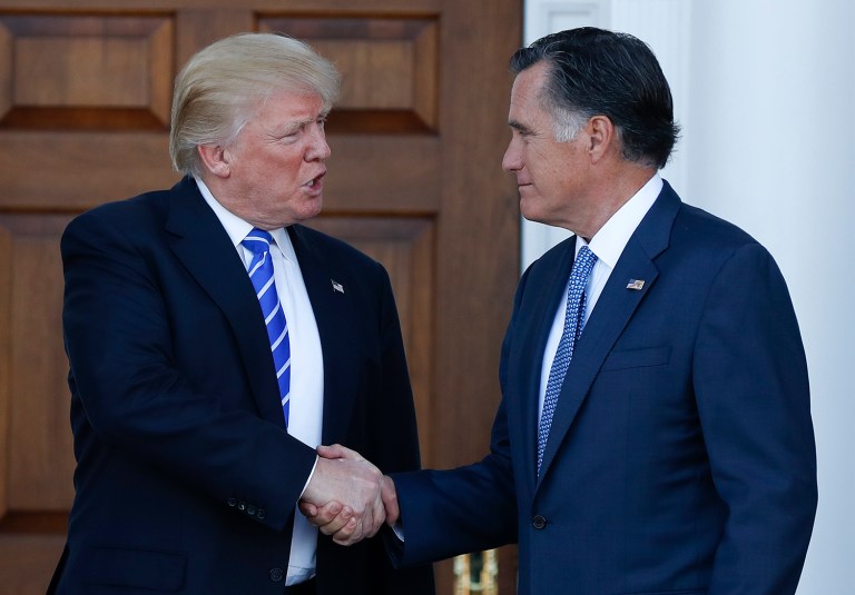 President-elect Trump and Mitt Romney shake hands as Romney leaves Trump National Golf Club Bedminster. 
