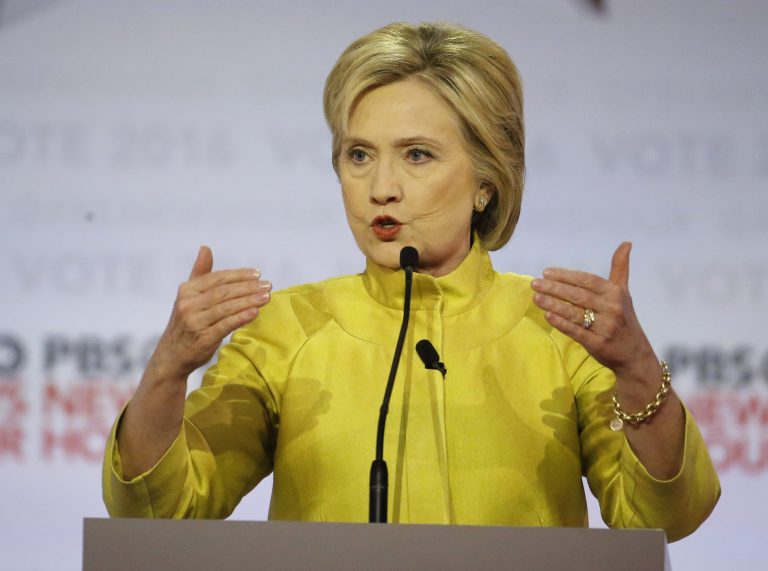 Democratic presidential candidate, Hillary Clinton makes a point during a Democratic presidential primary debate at the University of Wisconsin-Milwaukee Thursday in Milwaukee. (AP Photo/Morry Gash)