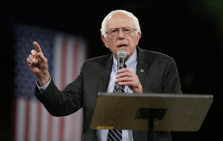 Democratic presidential candidate Sen. Bernie Sanders, I-Vt., speaks during the Iowa Democratic Party's Jefferson-Jackson Dinner Saturday in Des Moines, Iowa. (AP Photo/Charlie Neibergall)