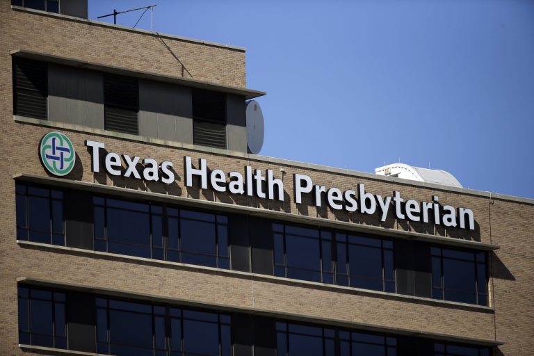 The top of the main building at the Texas Health Presbyterian Hospital Dallas. (AP Photo/Tony Gutierrez)
