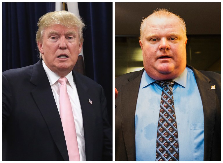 Just as Donald Trump is the only GOP presidential candidate most Canadians can name, Rob Ford, right, is the only Canadian mayor who's ever fronted American tabloids or appeared on Jimmy Kimmel. (Getty Images)