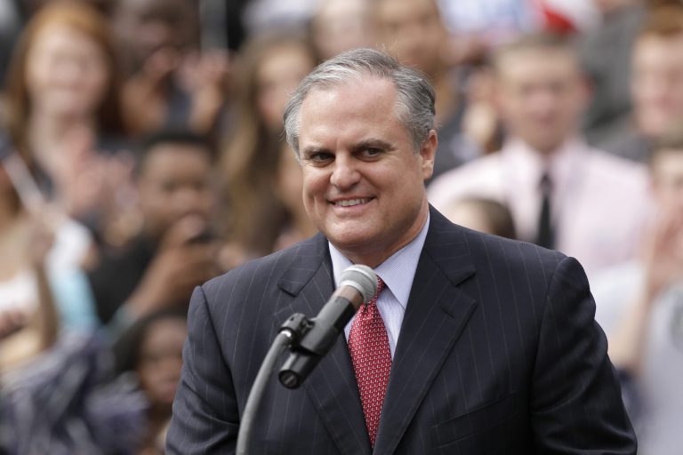 Sen. Mark Pryor, D-Ark., speaks at a political rally at the University of Central Arkansas in Conway, Ark., Monday, Oct. 6, 2014. (AP Photo/Danny Johnston)