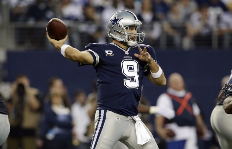Dallas Cowboys quarterback Tony Romo passes the ball against the Philadelphia Eagles during the first half of an NFL football game, Thursday in Arlington, Texas. (AP/Tim Sharp)