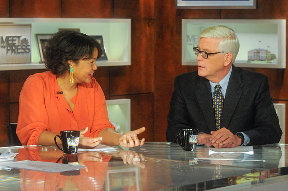 Helene Cooper, Pentagon Correspondent, The New York Times, left, and Hugh Hewitt, Host, The Hugh Hewitt Show, right, appear on 'Meet the Press' in Washington, D.C., Sunday Jan. 25, 2015. (Photo by: William B. Plowman/NBC/NBC NewsWire via Getty images)