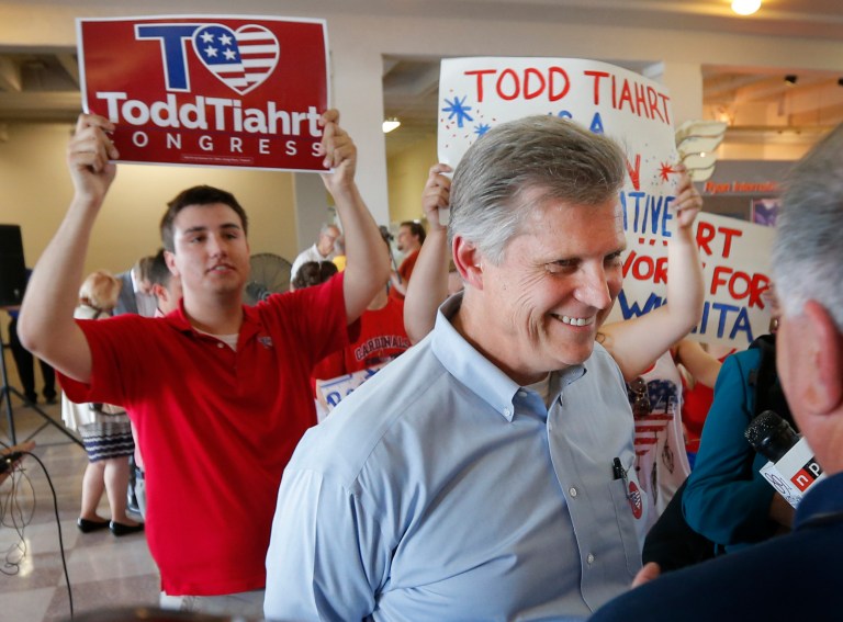 Former U.S. Rep. Todd Tiahrt, R-Kan., talks with reporters after announcing he will again run for congress in the 4th district in Wichita, Kan., Thursday, May 29, 2014. Tiahrt was 4th district congressman from 1995-2011. (AP Photo/Orlin Wagner)