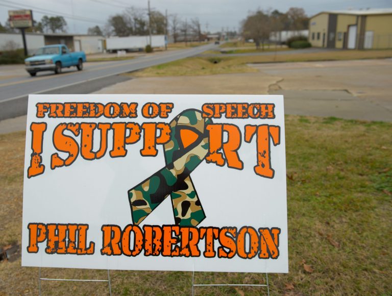 This Dec. 21 photo shows a sign in West Monroe, La., supporting Phil Robertson, the patriarch of the popular 