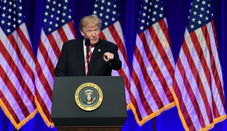 President Trump focused his weekly address to the nation on illegal immigration and spoke of the death of Kate Steinle, a 32-year-old who was shot and killed on a San Francisco pier by an illegal immigrant in 2015. (AP Photo/Susan Walsh)