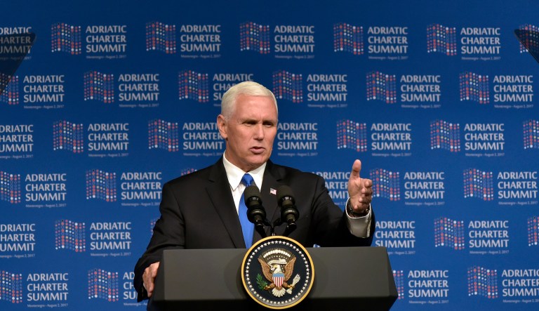 Pence, while traveling for a summit hosted by new NATO member Montenegro, faulted Russia for "seek[ing] to redraw international borders by force." (AP Photo/Risto Bozovic)