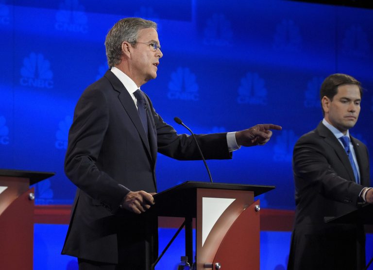 Jeb Bush's struggle to gain attention nearly mirrored Wisconsin Gov. Scott Walker's performance during the lastÂ GOP presidential debate in September. (AP Photo)