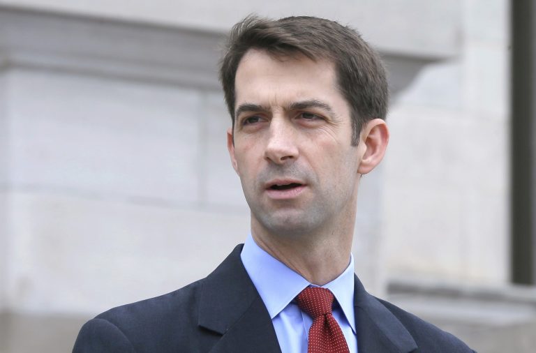 U.S. Sen. Tom Cotton, R-Ark., speaks in front of the Arkansas state Capitol in Little Rock, Ark., Tuesday, May 26, 2015. (AP Photo/Danny Johnston)