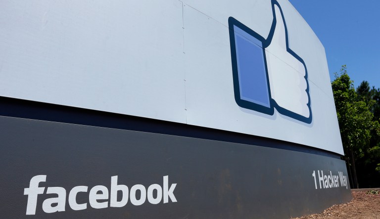 This July 16, 2013 photo shows a sign at Facebook headquarters in Menlo Park, Calif. 