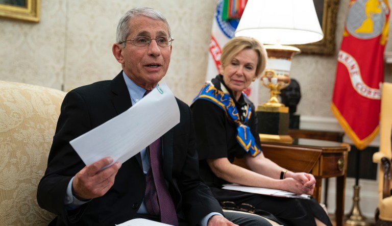 Dr. Anthony Fauci, director of the National Institute of Allergy and Infectious Diseases, speaks about the coronavirus in the James Brady Briefing Room, Tuesday, March 24, 2020, in Washington, as Dr. Deborah Birx, White House coronavirus response coordinator, listens.