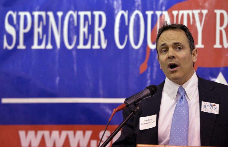Matt Bevin, Republican candidate for U.S. Senate, speaks to a gathering at the Spencer County GOP Lincoln Day Dinner on Feb. 7 in Fisherville, Ky. (AP/Timothy D. Easley)
