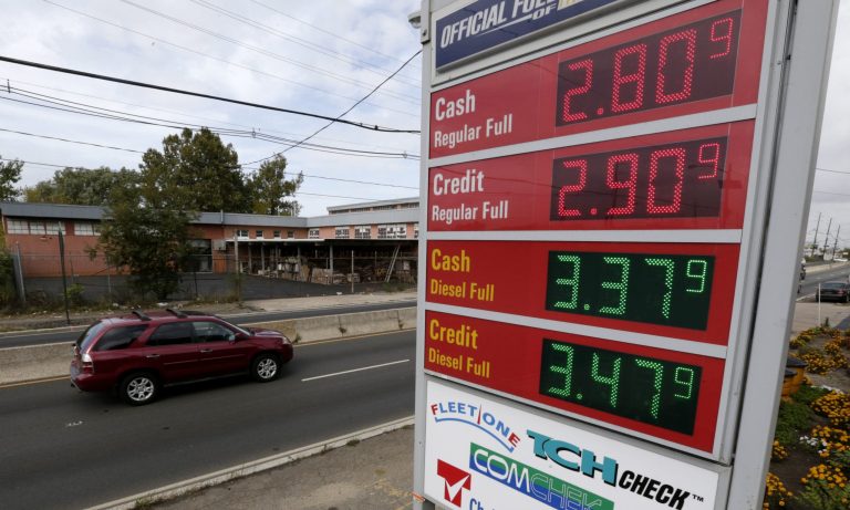 Â Gas prices below $3 dollars are displayed at a gas station, Wednesday, Oct. 15, 2014, in Jersey City, N.J. A sudden plunge in the price of oil is sending economic and political shockwaves around the world as oil exporting countries face the prospect of billions of dollars of lost revenue and importing nations get some relief in a time of slower economic growth. (AP Photo/Julio Cortez)
