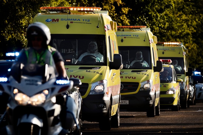 An ambulance transporting Miguel Pajares, a Spanish priest who was infected with the Ebola virus while working in Liberia, leaves the Military Air Base of Torrejon de Ardoz, near Madrid, Spain, Thursday, Aug. 7, 2014 after his arrival in Spain. A priest who has been confirmed as the first Spaniard to be infected by the current outbreak of the ebola virus has been brought back to Spain for treatment. Pajares, a missionary priest based in Liberia, is one of the 1,711 reported cases to have been confirmed since March, when the most deadly wave of the condition began. As well as Liberia, where Pajares was based, the epidemic is also affecting Sierra Leone and Nigeria, with nearly 932  deaths reported so far. (AP Photo/Daniel Ochoa de Olza)
