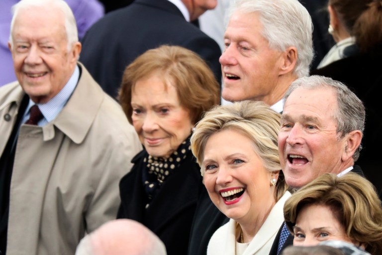 Former President Jimmy Carter from left, Rosalynn Carter, Former President Bill Clinton, Hillary Clinton, Former President George W. Bush and Laura Bush wait for the 58th Presidential Inauguration to begin at the U.S. Capitol in Washington, Friday, Jan. 20, 2017. (AP Photo/Andrew Harnik)