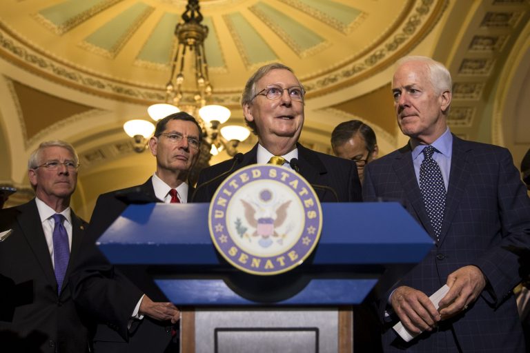 Senate Majority Leader Mitch McConnell of Ky. speaks to reporters. (AP Photo)