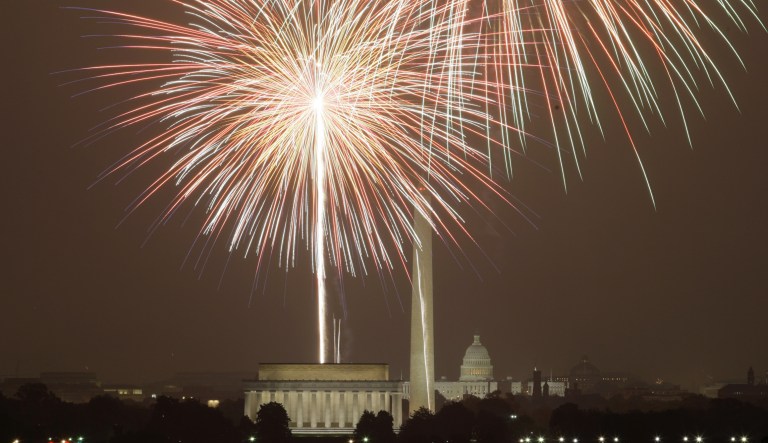 Fireworks light up the sky over the National Mall in Washington Friday, July 4, 2008.