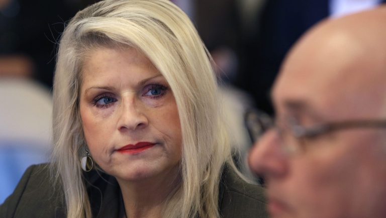 Sen. Linda Collins-Smith, R-Pocahontas, listens to testimony at a meeting of the Senate Committee on Public Health, Welfare, and Labor at the Arkansas state Capitol in Little Rock, Ark., Wednesday, Jan. 28, 2015.