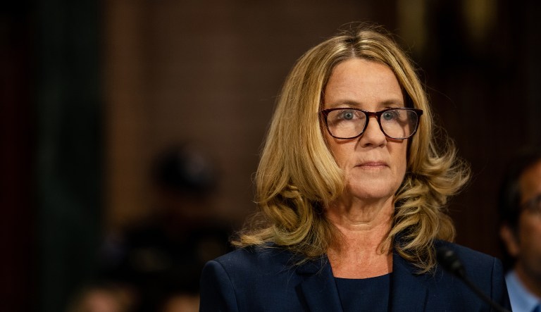 Christine Blasey Ford listens during a Senate Judiciary Committee hearing in Washington, D.C., U.S., on Thursday, Sept. 27, 2018. ChairmanÂ Chuck GrassleyÂ called for a "safe, comfortable and dignified" hearing Thursday on a sexual assault allegation againstÂ BrettÂ KavanaughÂ as the panel opened a historic hearing that promises to shape the Supreme Court's future and redefine the "Me Too" era.