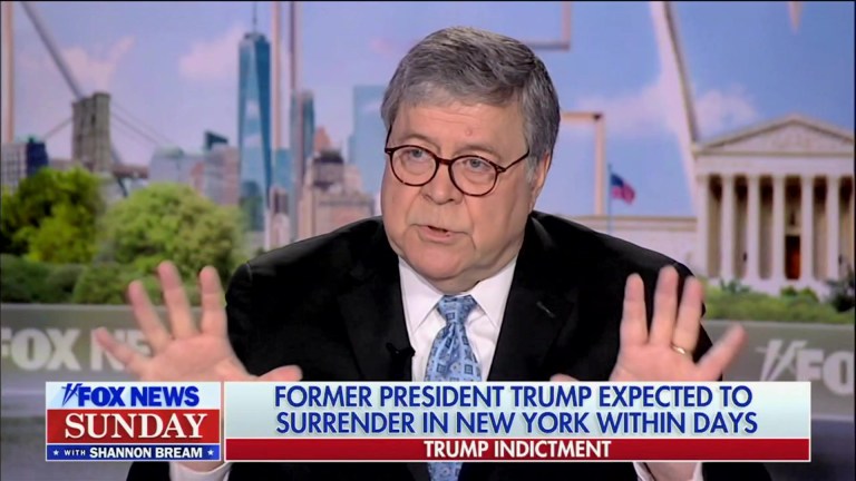 Former Attorney General Bill Barr reacts to the Trump indictment on Fox News Sunday.