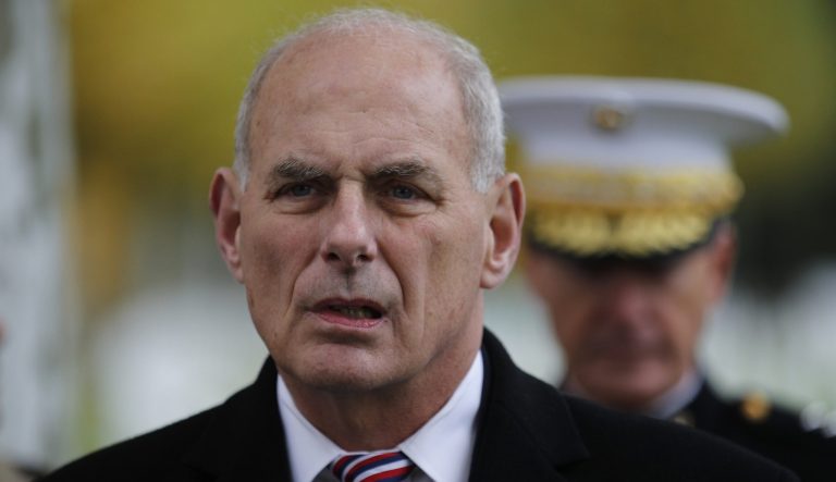 White House chief of staff John Kelly attends a ceremony at the Aisne Marne American Cemetery near the Belleau Wood battleground, Belleau, France, Saturday, Nov. 10, 2018.