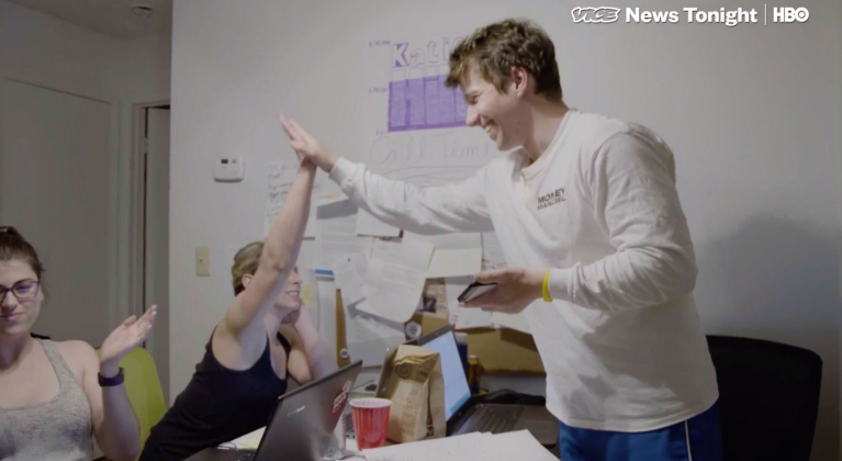 Rep. Katie Hill with campaign staffers Morgan Desjardins and Graham Kelly  