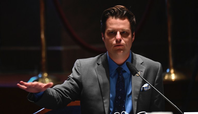 Rep. Matt Gaetz, R-Fla., walks into the U.S. Capitol Rotunda on Capitol Hill, Thursday, April 23, 2020, in Washington. The House is expected to vote on a nearly $500 billion Coronavirus relief bill. 