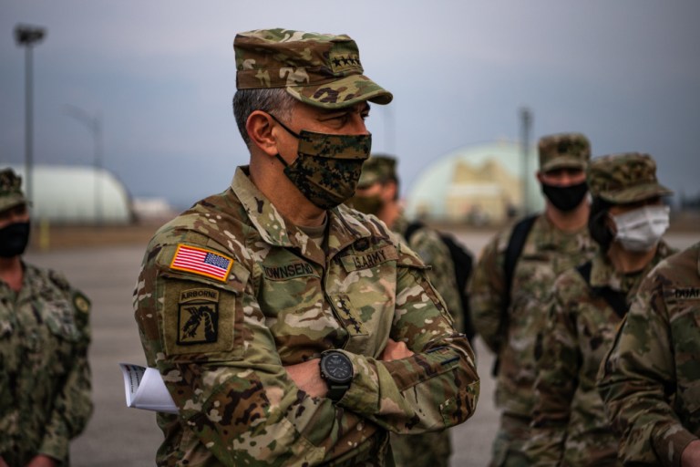 Gen. Stephen Townsend, Commander U.S. Africa Command, and his staff conduct a review of the 173rd Airborne Brigade and the Southern European Task Force - Africaâs North and West Africa Response Force procedures at Aviano Air Base, Italy, Feb. 22, 2021.