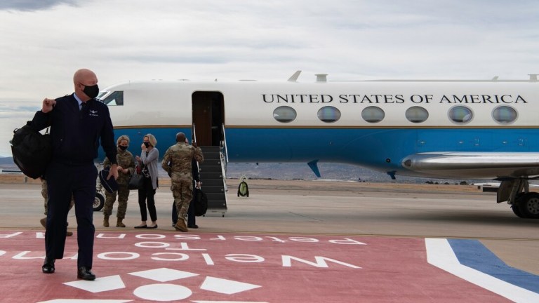 Chief of Space Operations General John W. Raymond arrives to Peterson Air Force Base, Oct. 20, 2020. Raymond visited Peterson Air Force Base to attend the Space Operations Command stand-up Oct. 21, 2020. 